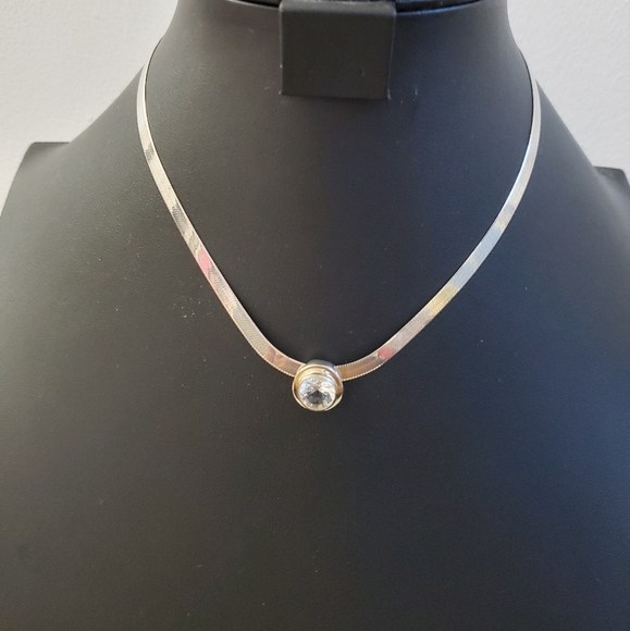 Vintage Jewelry - 925 Sterling Silver Solitaire Herringbone Necklace